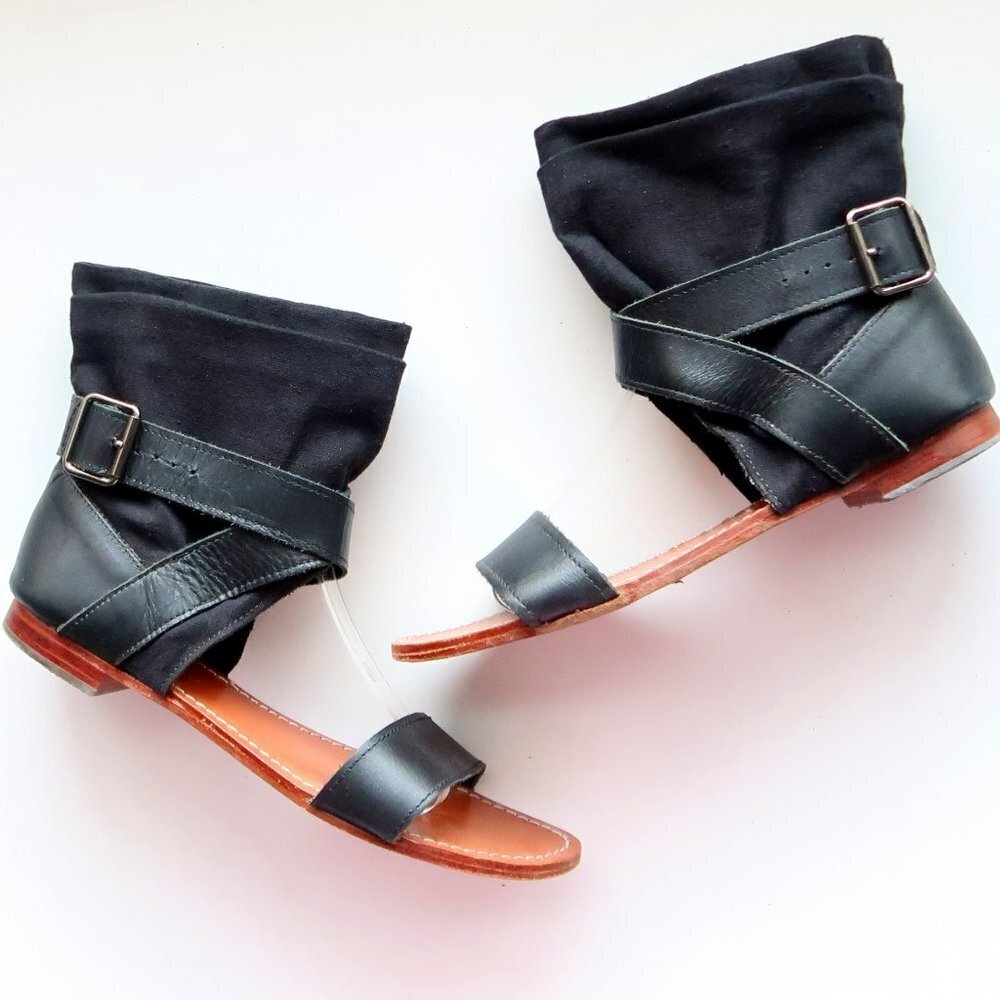 Mellow Yellow Black Leather & Linen Flat Gladiator Sandals Open Toe Summer Shoes